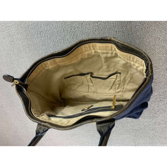 Tory Burch Tote Bag Women Navy Canvas Leather Trim Center Stripe Logo Patch - Picture 6 of 12